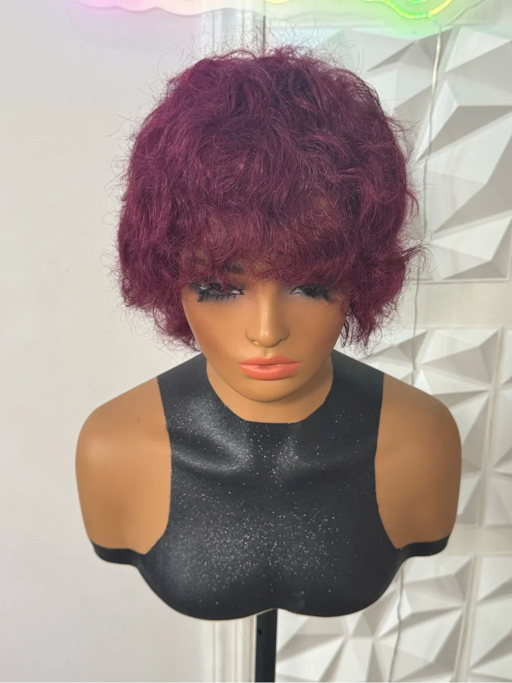Burgundy Short Wig 100% Human Hair Glueless Water Wave 8 Inch